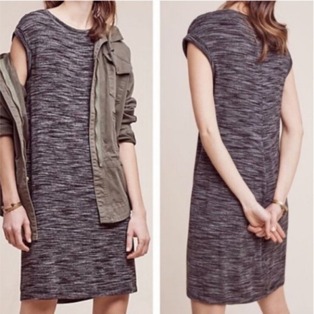 ANTHROPOLOGIE Cloth & Stone Knit Jersey Dress Melange Black Grey L Stretch Shift